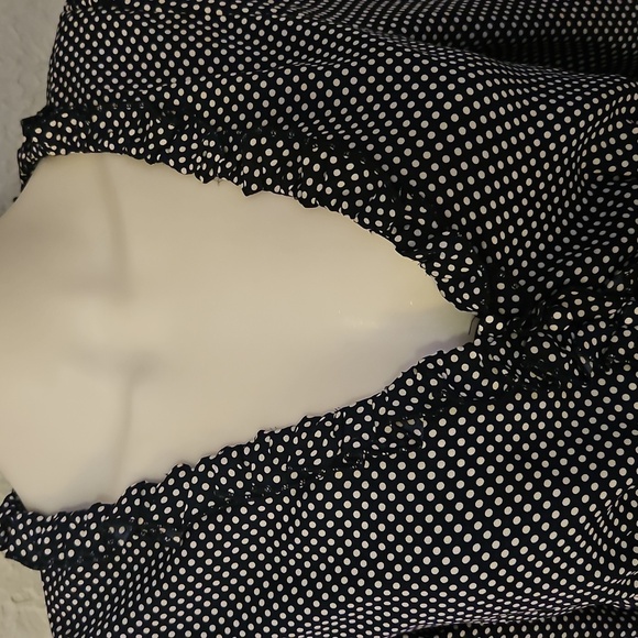 WISHLIST APPAREL Retro Navy Blue Polka Dot Ruffle Button Down Smock Poet Blouse - Picture 4 of 12